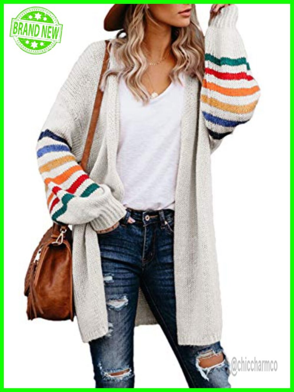 Striped Balloon Sleeve Open Front Cardigan Knit Sweater Loose Fit